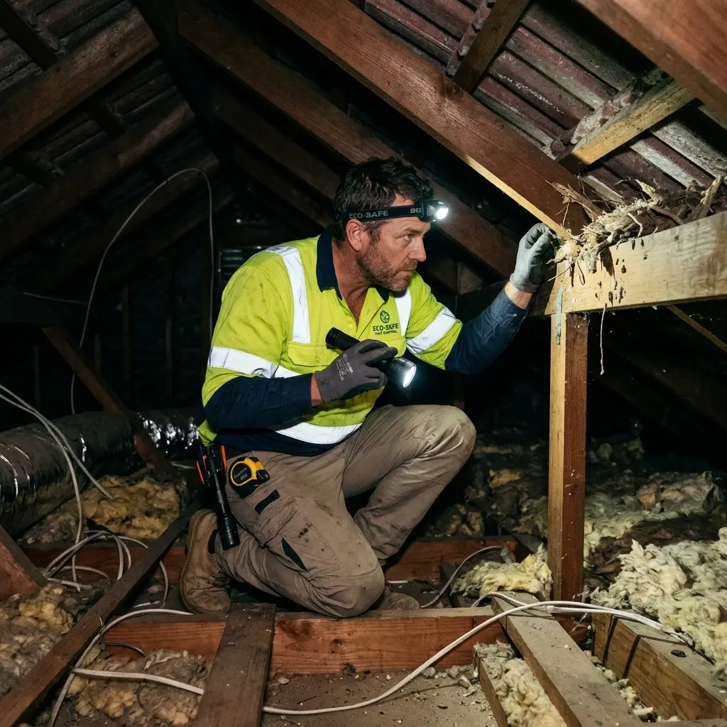 Technician inspecting a roof cavity for a dead animal in Wildwood