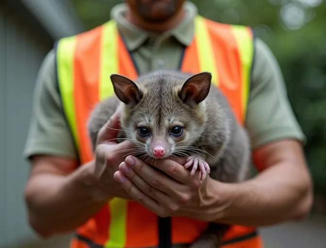 Animal handler safely recovering a deceased possum in Wildwood