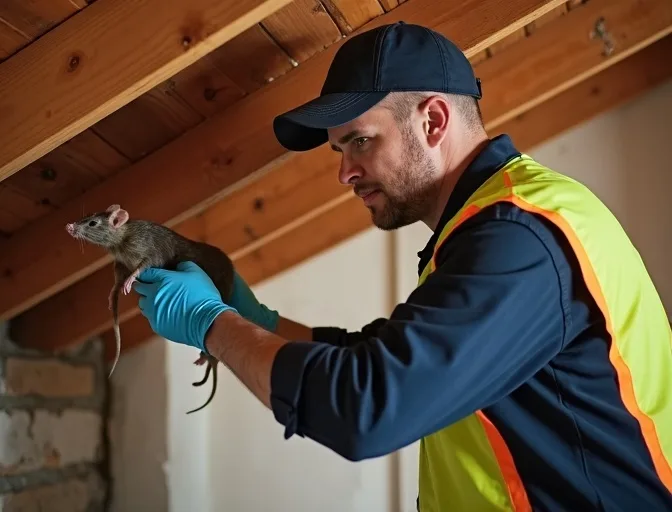 Technician inspecting a roof cavity for a dead rat in Wildwood